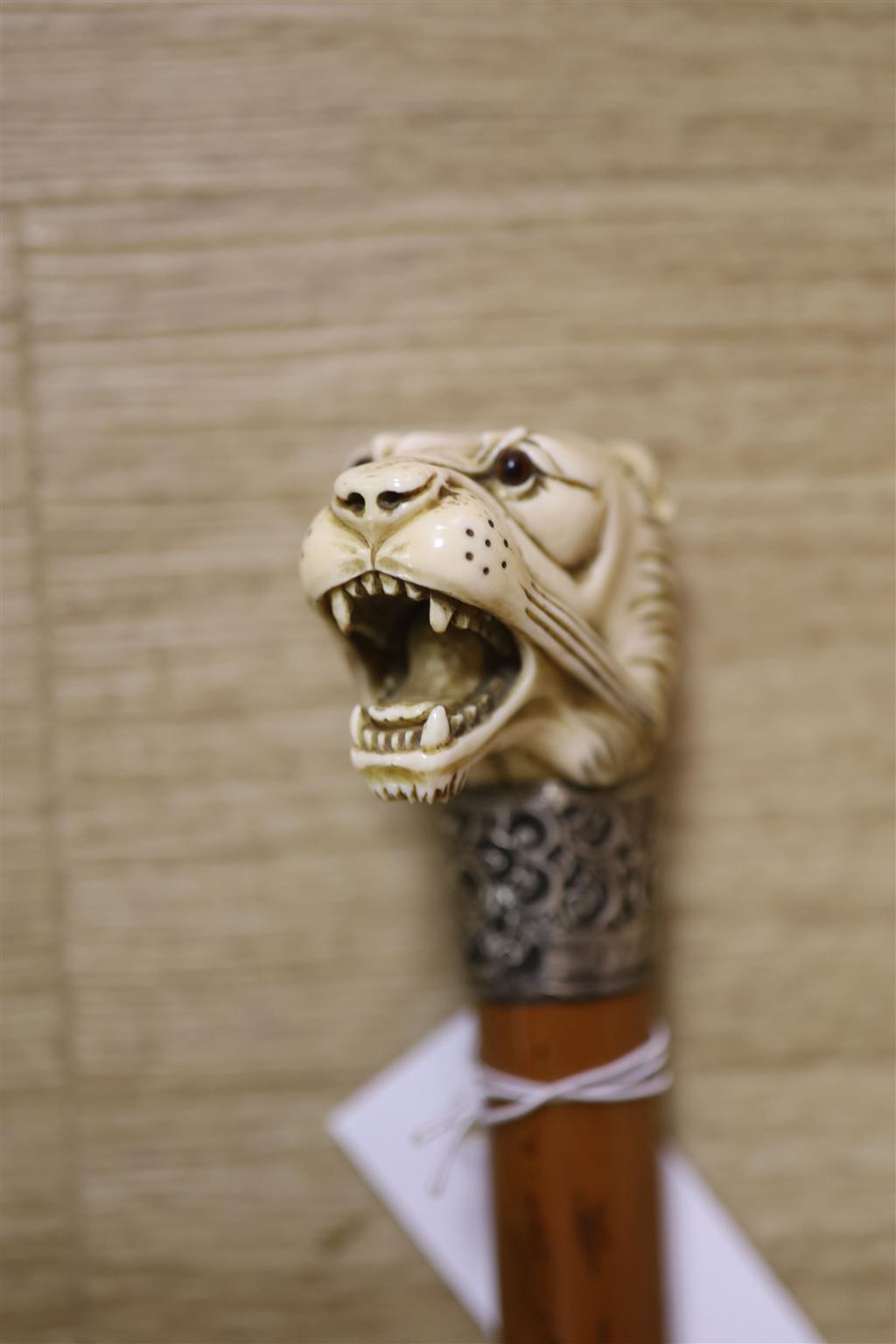 A Victorian sword cane, ivory lions head pommel with glass eyes, silver band H.M.Birmingham 1898, maker WS&ES, blade with traces